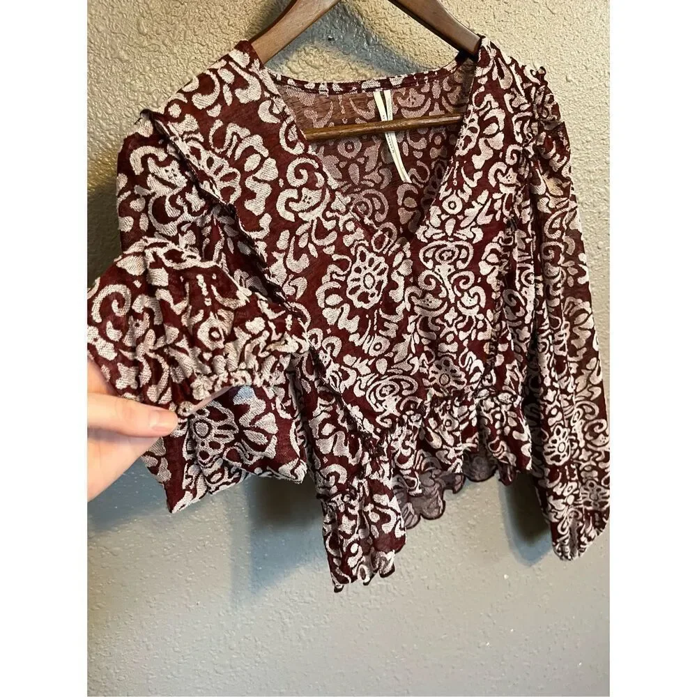 By Anthropologie Jacquard Peasant Blouse Sz Small Wine Color Cropped